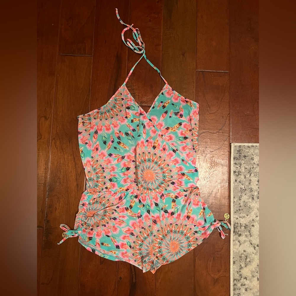 Luli Fama Teal and Coral Feather Pattern boho halter romper cover up sz L